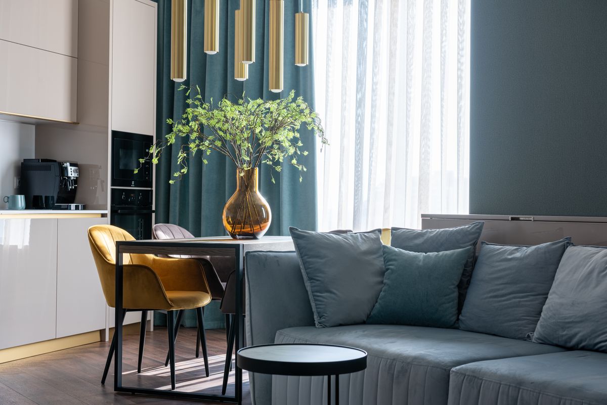 Salon confortable avec canapé et coussins dans un appartement meublé moderne