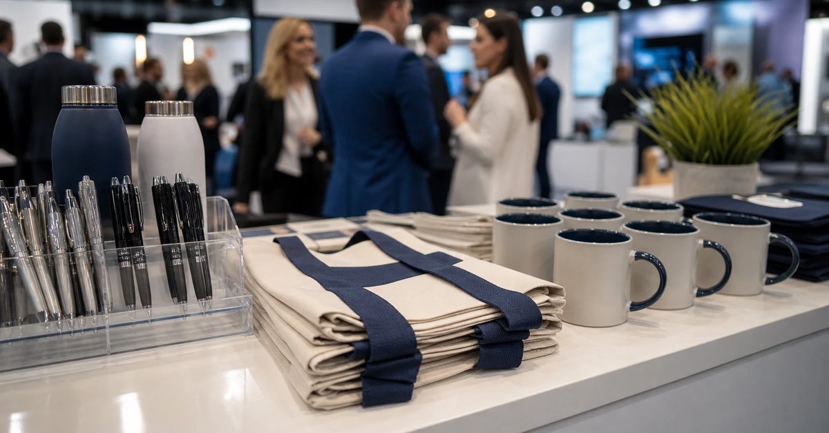 Objets publicitaires marqués posés sur le comptoir d'un stand de salon professionnel